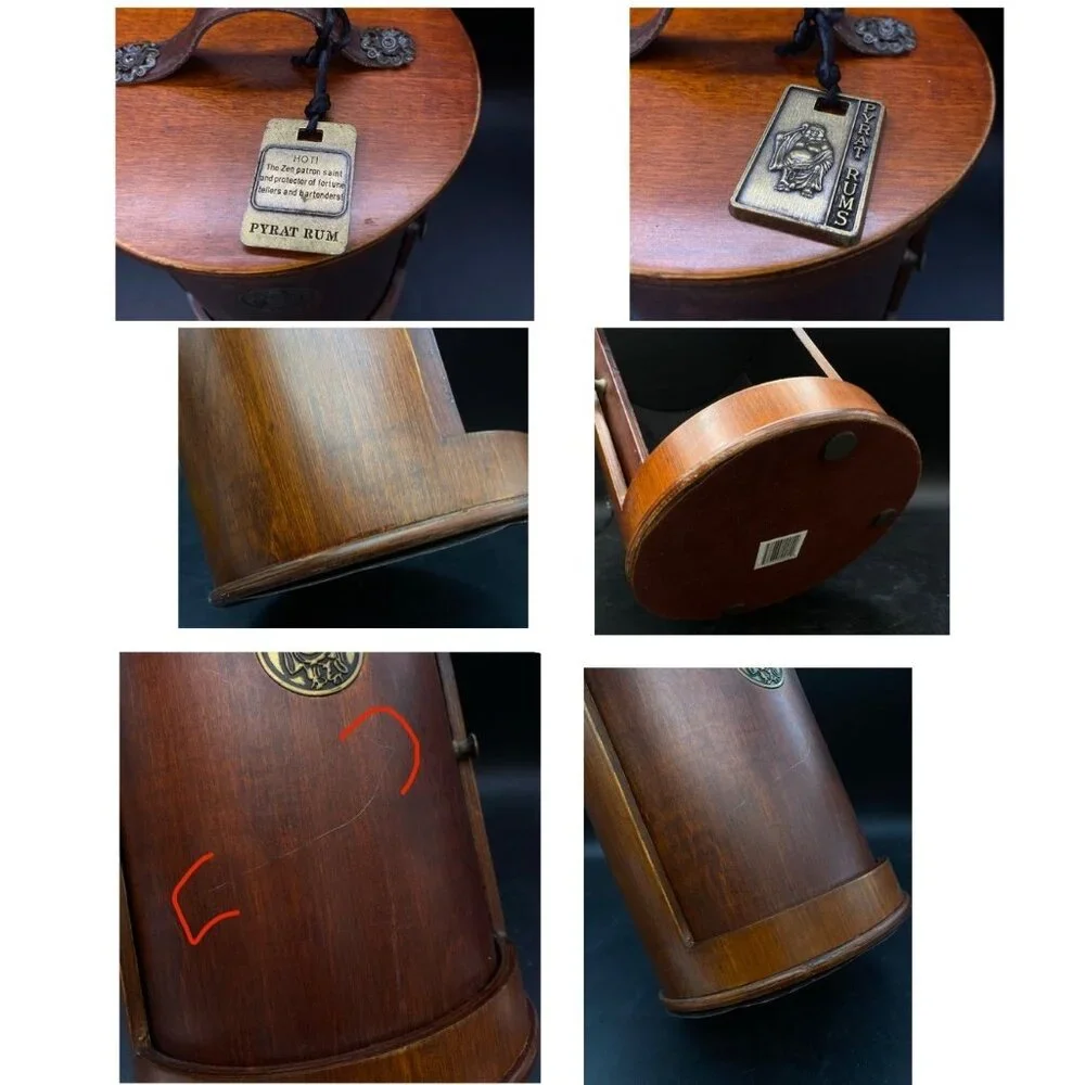 Pyrat Rum Decanter Bottle XO Buddha Wooden Box Roll Door Display Handle Badge